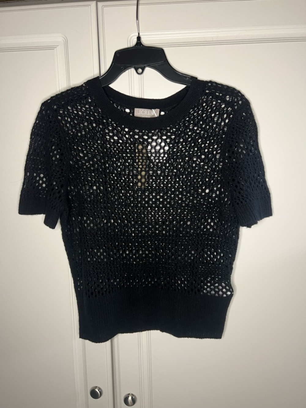 NWT J.Crew 100% Cashmere Pointelle Knit Top Black Short Sleeve - Picture 2 of 14